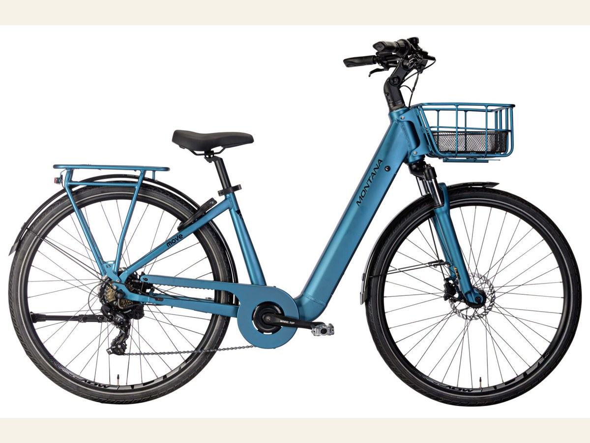 Blue Montana Move electric city bicycle with front basket