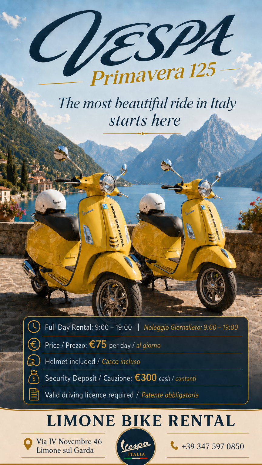 Vespa Primavera 125 at Lake Garda — Limone Bike Rental